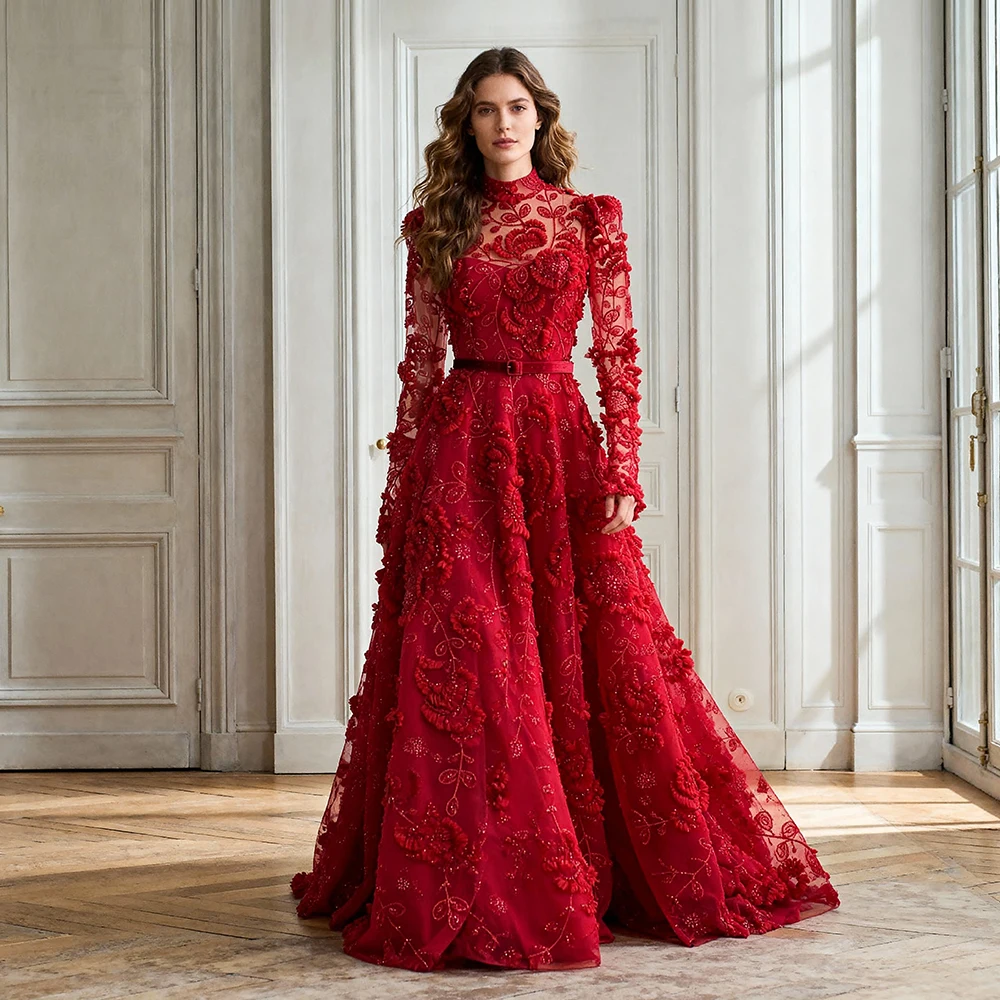 Luxurious Striking Red Elegant Gowns Embroidered Beaded Tulle Formal Dresses for Photoshoot Luxury Dresses Gala Ball Gowns