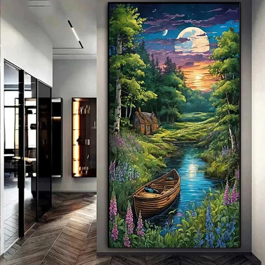 spring landscape diamond painting Diy diamond embroidery bright moonlit night cross stitch full diamond Moasic tree boat lake