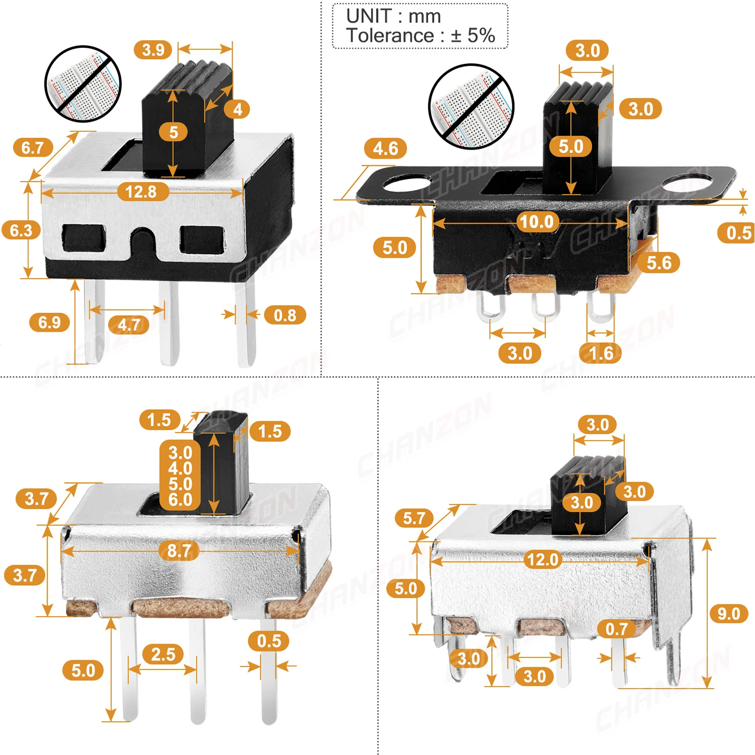 Schiebeschalter 3mm 4mm 5mm 6mm Mikro SPDT 3-polig 5 Positionen Mini SS12F15 / SS12F44 / 1P2T / Kleiner Kippschalter für Leiterplattenmontage 4 6 mm – Detail 6