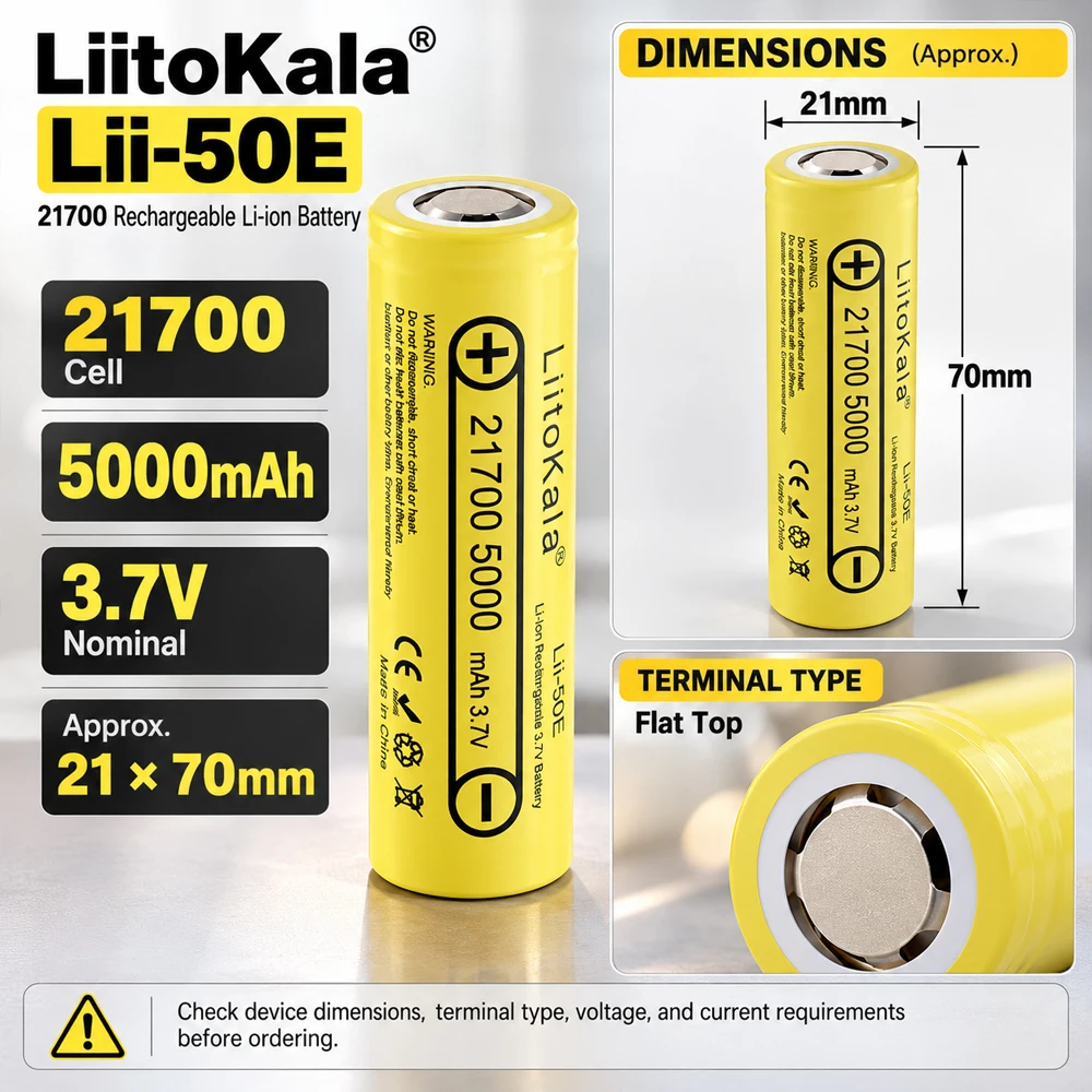 Akumulator LiitoKala Lii-50E 3.7V 21700 5000mAh, ładowalny, o wysokiej mocy rozładowania 5C, do urządzeń elektronicznych i latarek. — zdjęcie produktu 5