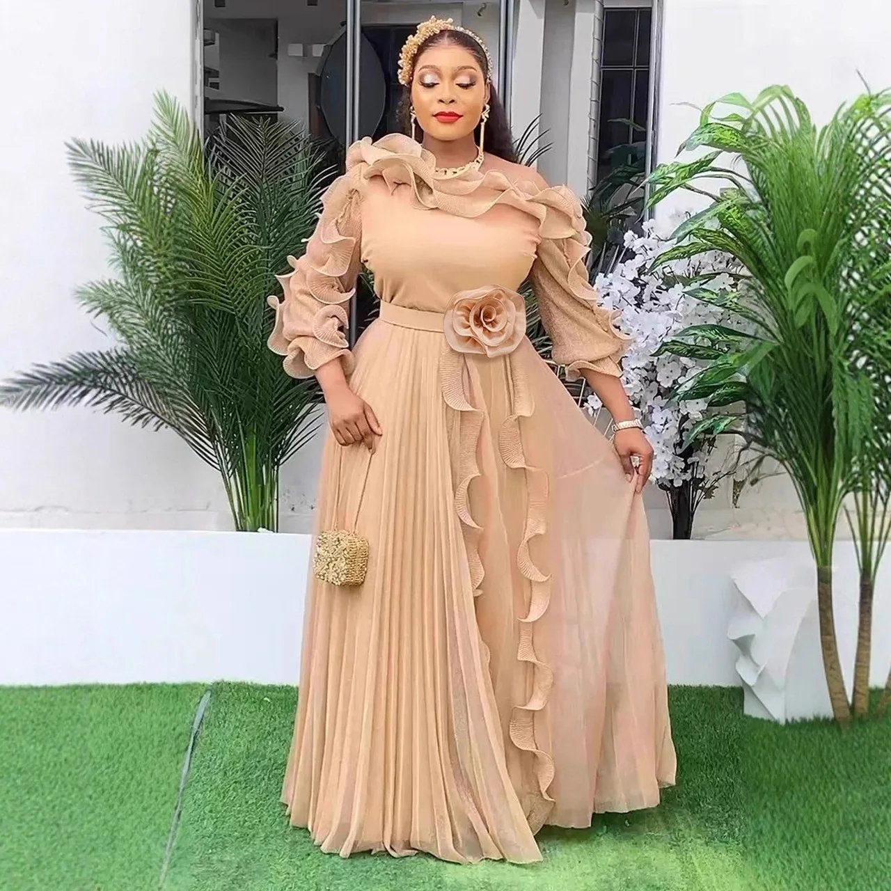 

Plus-size Elegant Champagne Chiffon Evening Gown with Off-shoulder Ruffle Sleeves Floral Belt Long Ball Gown