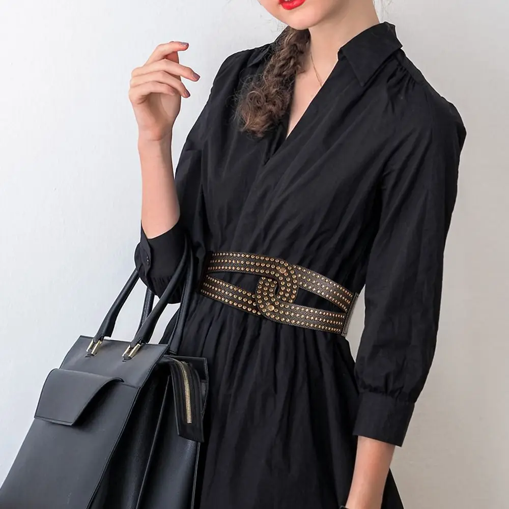 เข็มขัดหนังยืดสไตล์วินเทจสำหรับชุดลำลอง  พร้อมสายรัดเอวแบบคอร์เซ็ทประดับหมุด  หรูหรา  แบบกว้าง