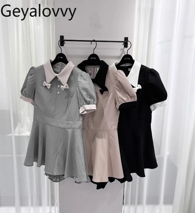 

Японская рубашка для похудения Sweet Mine массового производства с бантом и рюшами по краям, топ с короткими рукавами и шорты с пузырьками, комплект из двух предметов