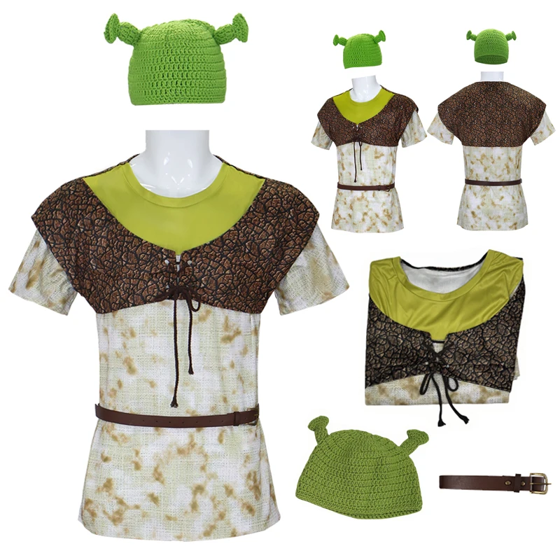 

Ogre Costume Shirt Vest Adult Animated Comedy Movie Cosplay Sublimation Shirt Top and Green Knitted Hat Halloween Party Outfit
