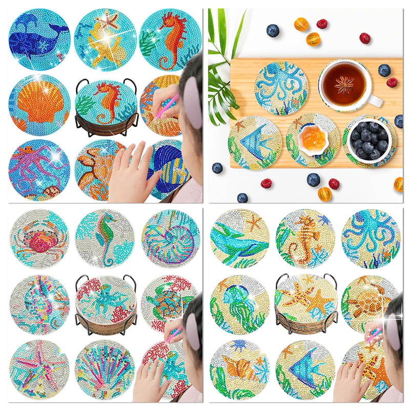 

CHENITORY 8pcs/Sets Ocean Diamond Painting Coasters With Holder Diy Coasters Diamond Art Kits For Beginners, Adults & Kids