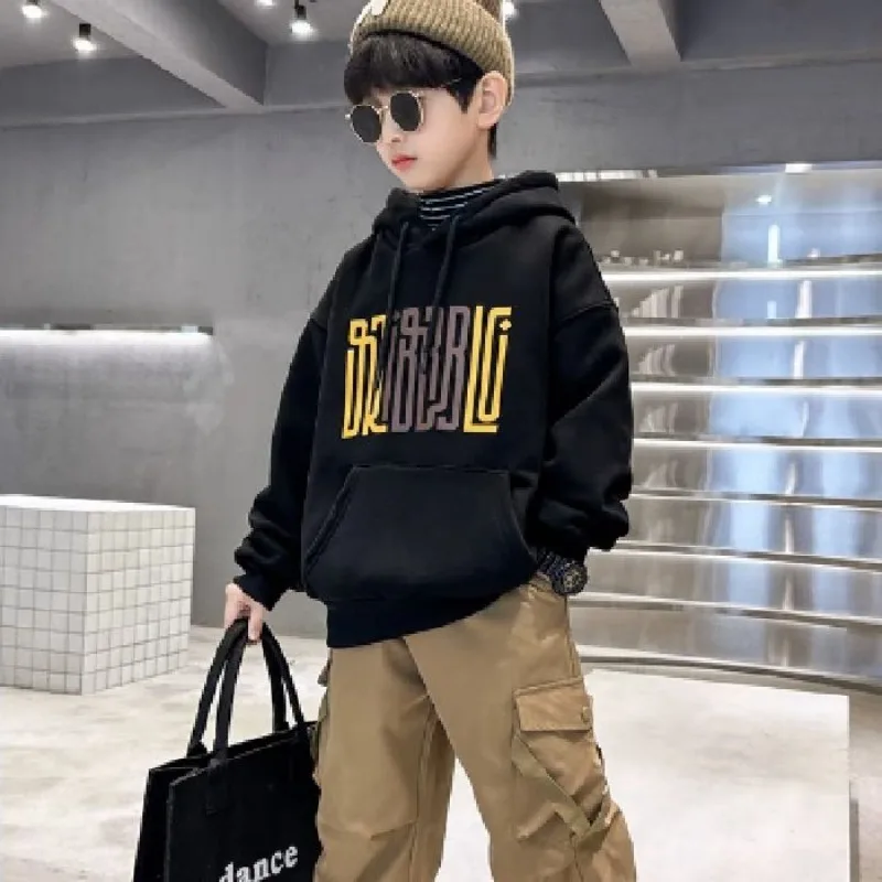 

Maillard-Style Boys' Winter Mid-Large Loose Fit Fleece-Lined Medium-Thick Stylish Hooded Hoodie for Kids
