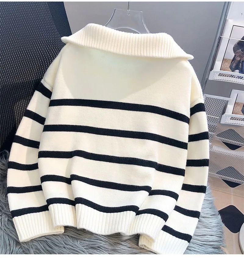 Rasa tinggi wanita longgar sweater Fit Pullover Korea baru wanita pakaian rajut bergaris musim gugur musim dingin wanita rajut lengan panjang