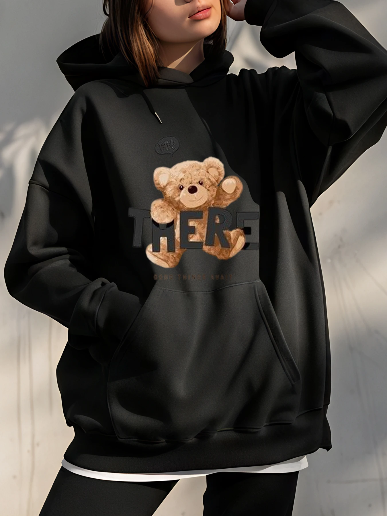 Sudadera con capucha con estampado de oso de peluche para mujer, sudadera informal a la moda, prendas de vestir de otoño e invierno, ropa de calle femenina
