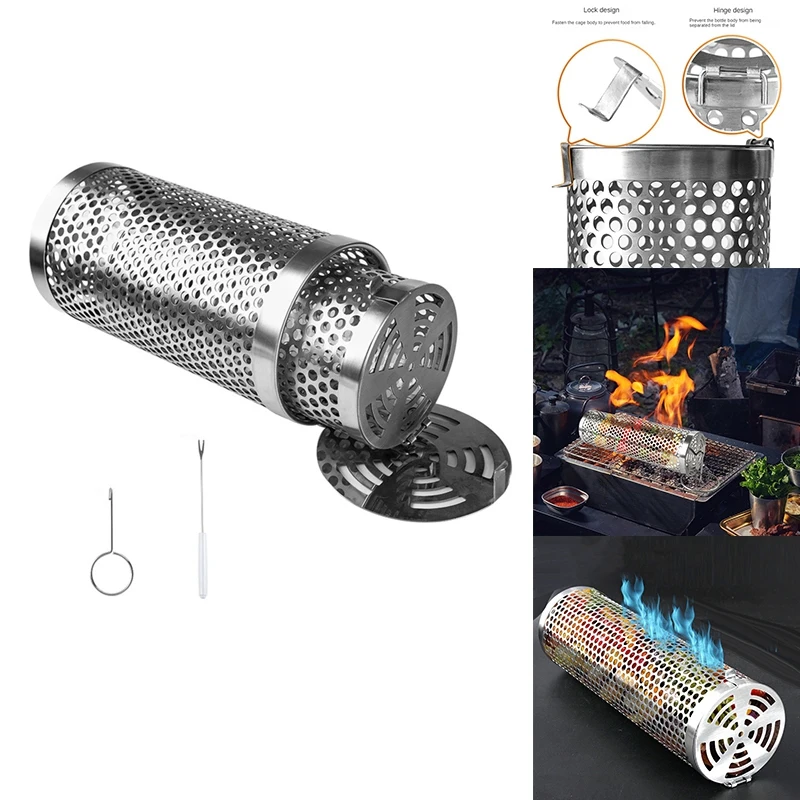 2PCS Barbecue Rolling Grill Basket BBQ Net Tube Grill Basket Campfire Grid Travel Camping Picnic BBQ Accessories