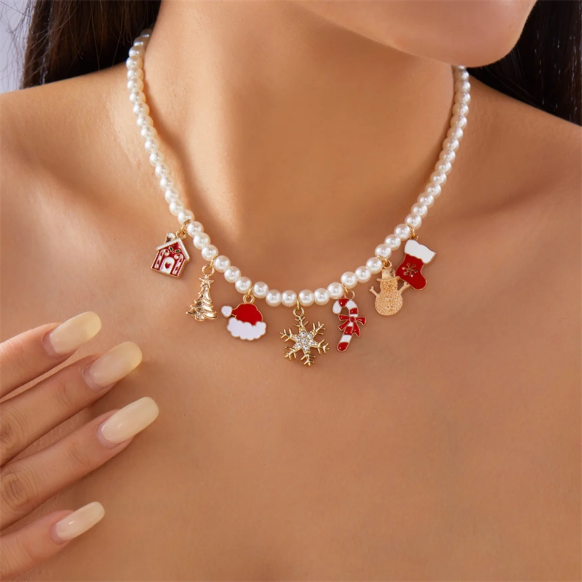 عيد الميلاد قلادة ثلج هدية صندوق شجرة الحلوى الزنجبيل ندفة الثلج جورب قصب تقليد اللؤلؤ المختنق مجوهرات هدية للرجال النساء