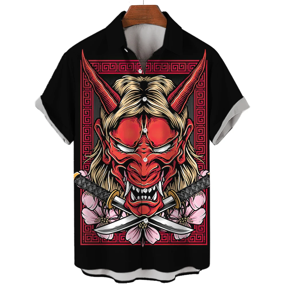 Retro Heren Overhemd Slim Fit Samurai Horror Shirts Japanse Print Camisa Masculina Oversized Casual Hawaiiaanse Overhemden En Blouses