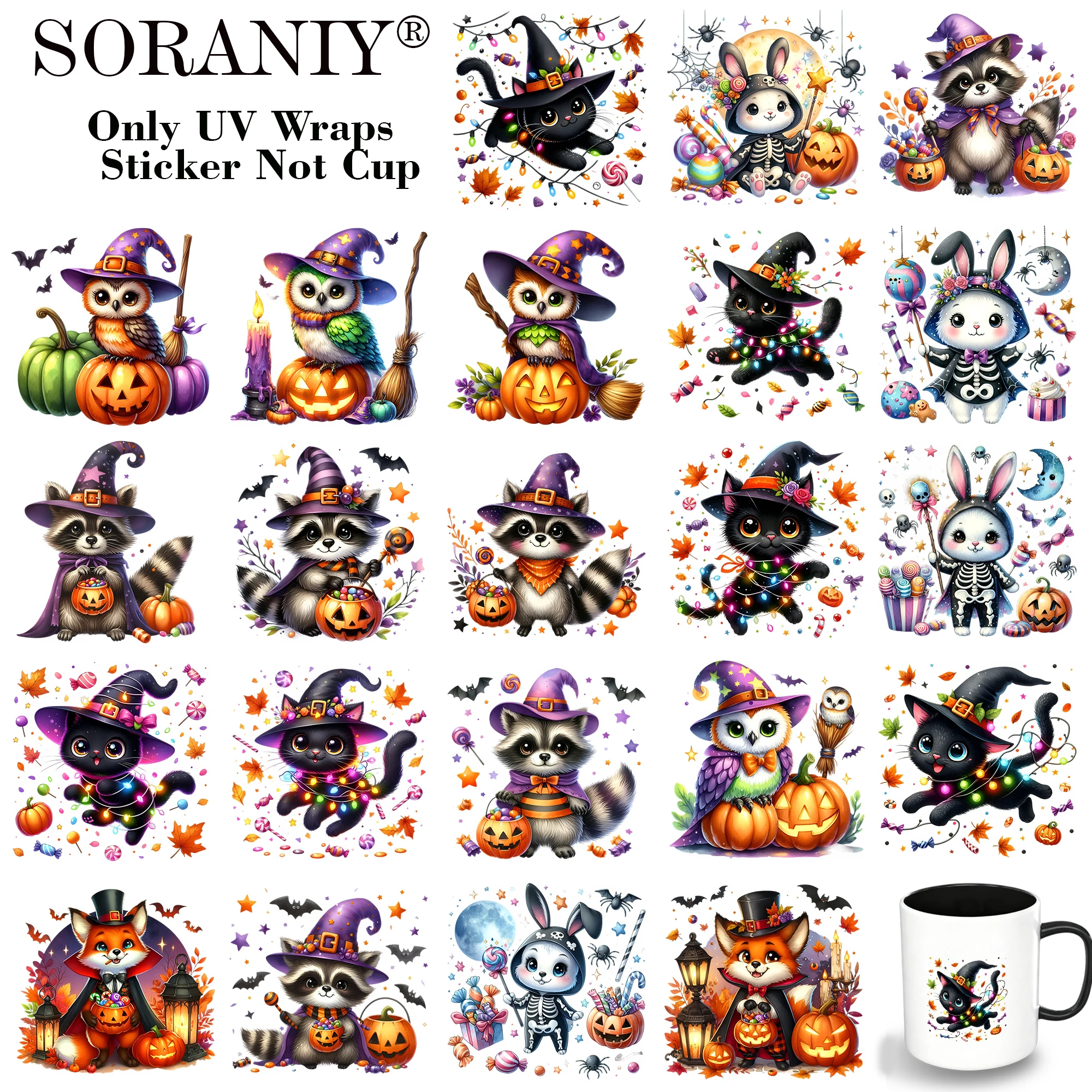 24-teiliges Set Aquarell-Halloween-Tiermotiv UV DTF DIY Transferaufkleber für Wasserbecher, Geeignet für Wasserflaschen und Gläser