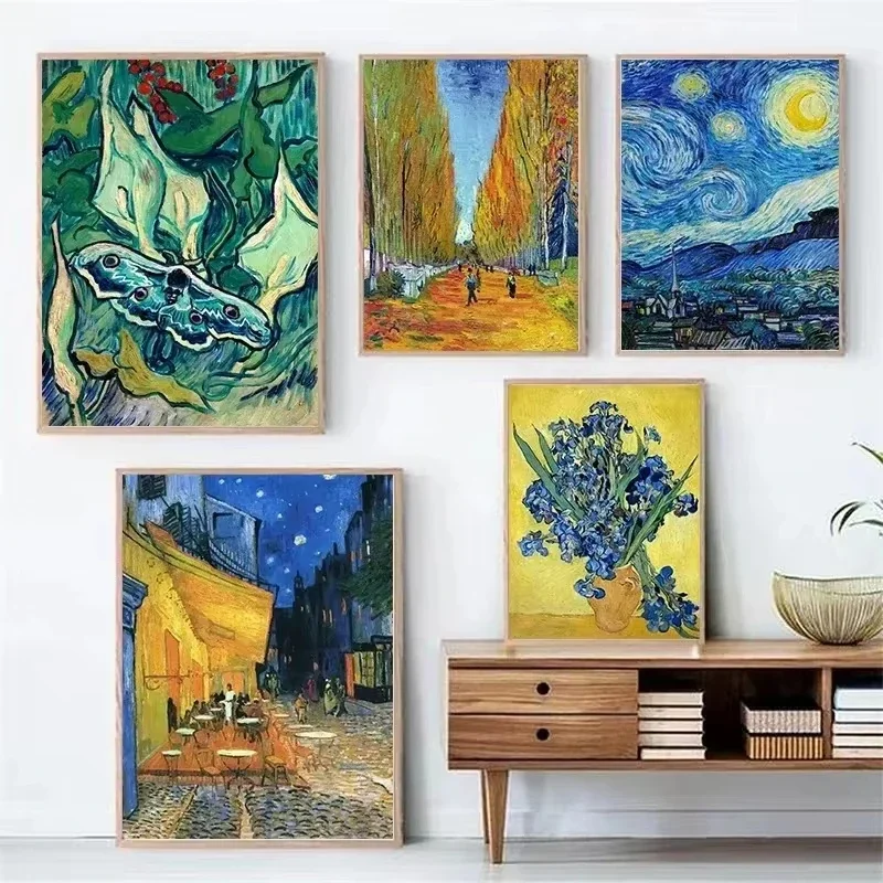 Frameless 1PCS  Canvas paintingVincent Van Gogh Classic Collection Art Poster Canvas Painting Terrace At Night Irises Wall Pictu