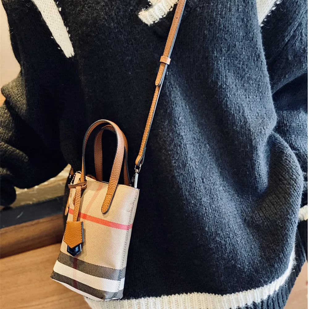 Custom Initials Small Female Bag Luxury Leather Stripe Check Canvas Mini Tote Purse Personalize Letters Lady Crossbody Handbag