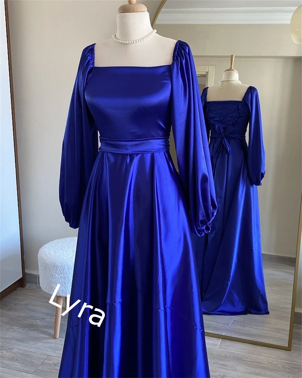 Customized Square Collar Satin Long Sleeves Evening Dress Formal A-Line Floor Length Homecoming Dresses Sweep Train Party Gowns