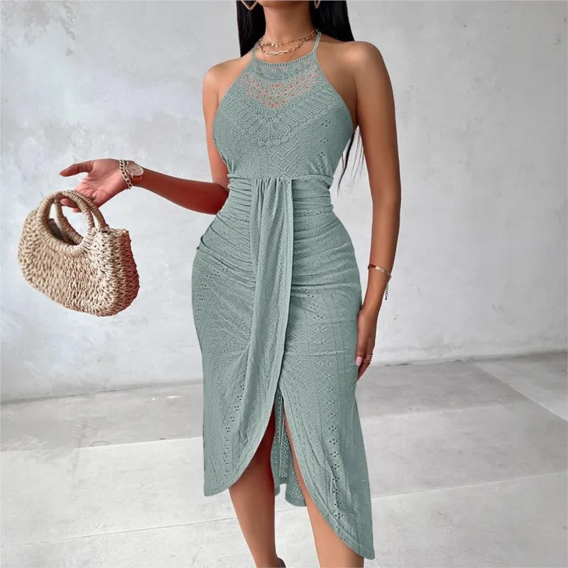 

Y2k Women's Fashion Sleeveless Beach Dress Sexy Perspective Hanging Neck Dresses Ladies Solid Irregular Hem Vacation Vestidos
