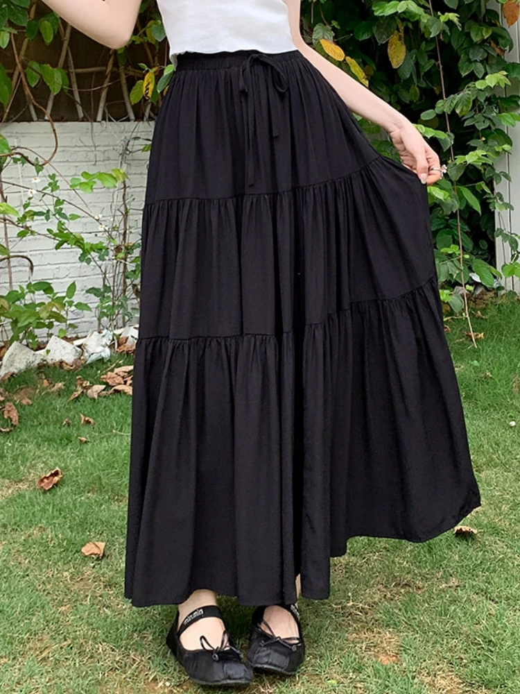 Lace Up Long Skirt Women White Skirt 2024 Pockets Design Casual Spring Summer High Waisted Ruffle A-Line Pleated Skirt Black