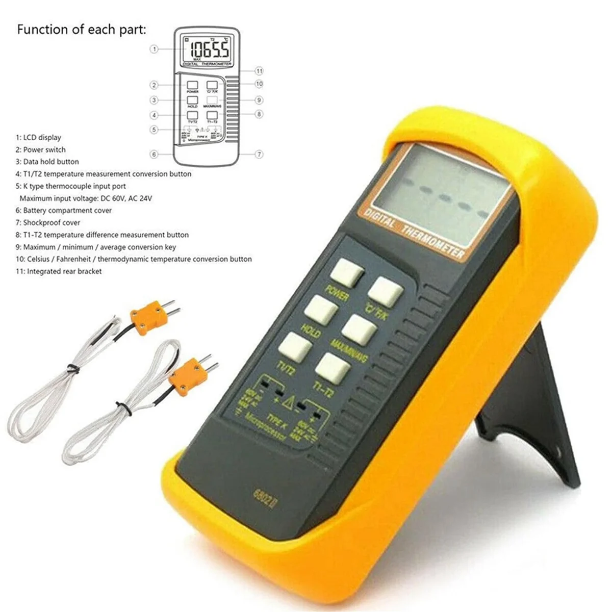 B64CDigital K Type Thermocouple Thermometer(-50-1300°C) Dual Channel, 2 Thermometer Pipe Clamp and 2 Sensor Probes