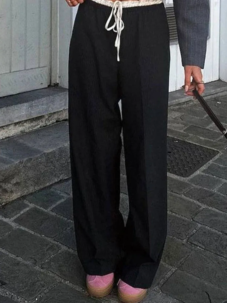 HH Dames Zomer Commuter Broek Retro Dubbele taille Losse Wijde pijpen Broek Chique Veterschoenen Dames Kantoorbroek Street chic