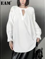 [EAM] Women White Hollow Out Big Size Elegant Blouse New Round Neck Long Sleeve Shirt Fashion Tide Spring Autumn 2024 1DH7238