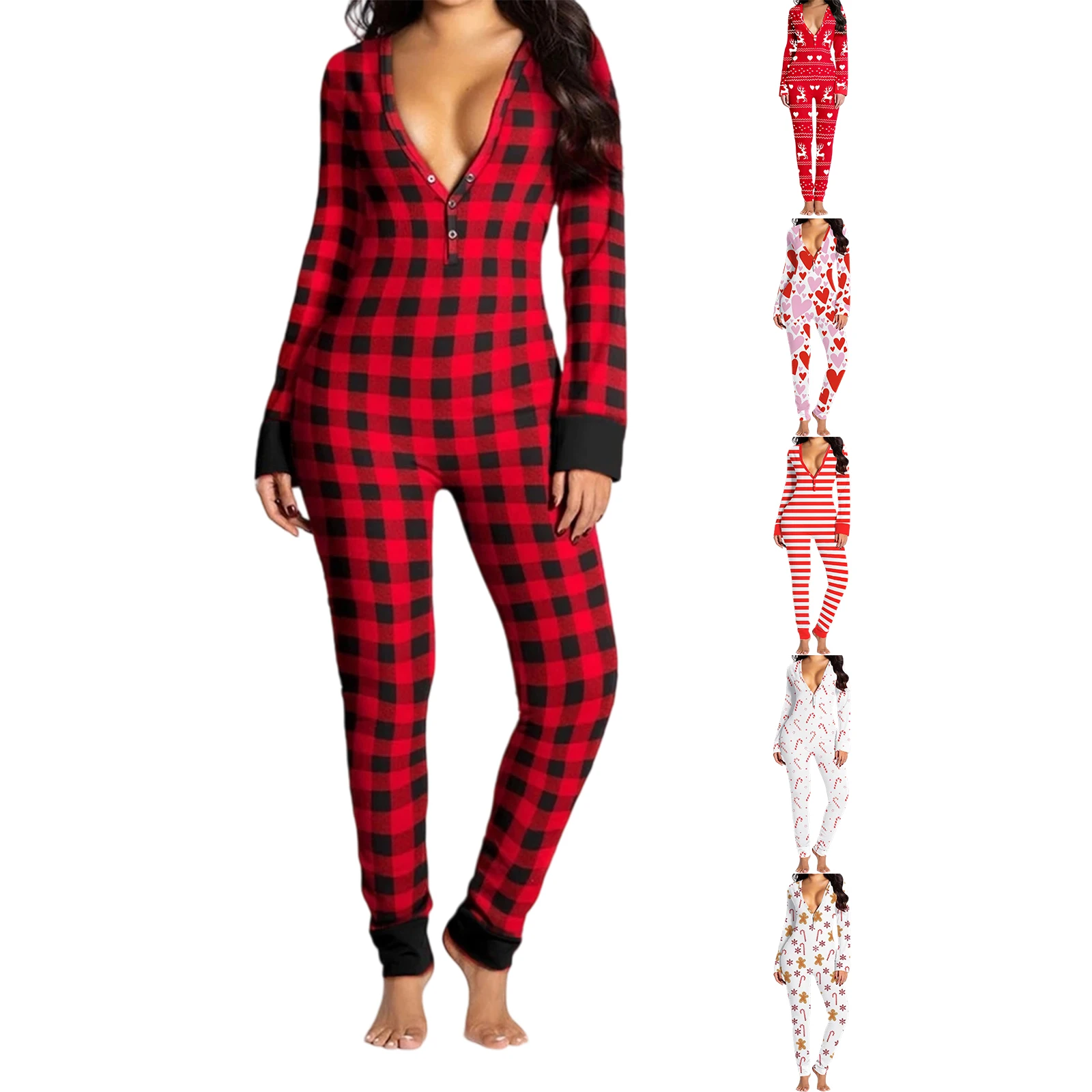 HEZIOWYUN Women's Long Sleeve Jumpsuit Pajamas V Neck Christmas Themed Print Bodysuit Sleepwear Oneses with Drop Seat Butt Flap