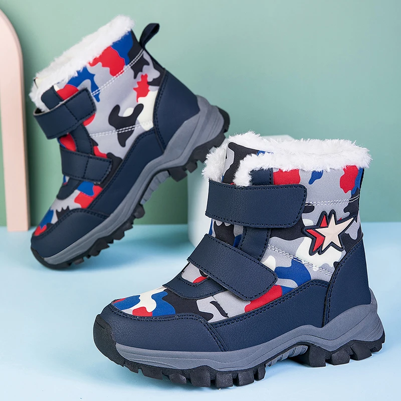 New girls' snow boots plus velvet and thickened waterproof cotton shoes for boys in winter to keep warm and outdoor non-slip