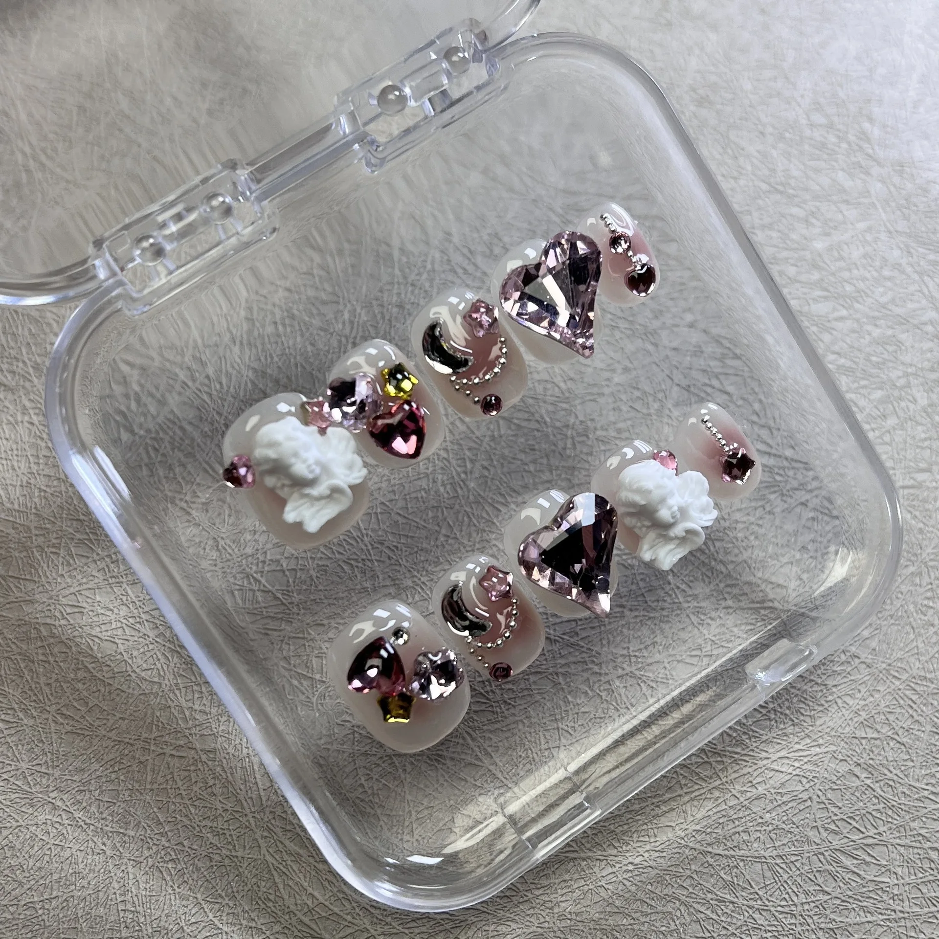 10PCS 순수한 수제 프랑스 체루브 컬러 다이아몬드 이동식 참 가짜 손톱 휴가 중 여행 친구 만들기