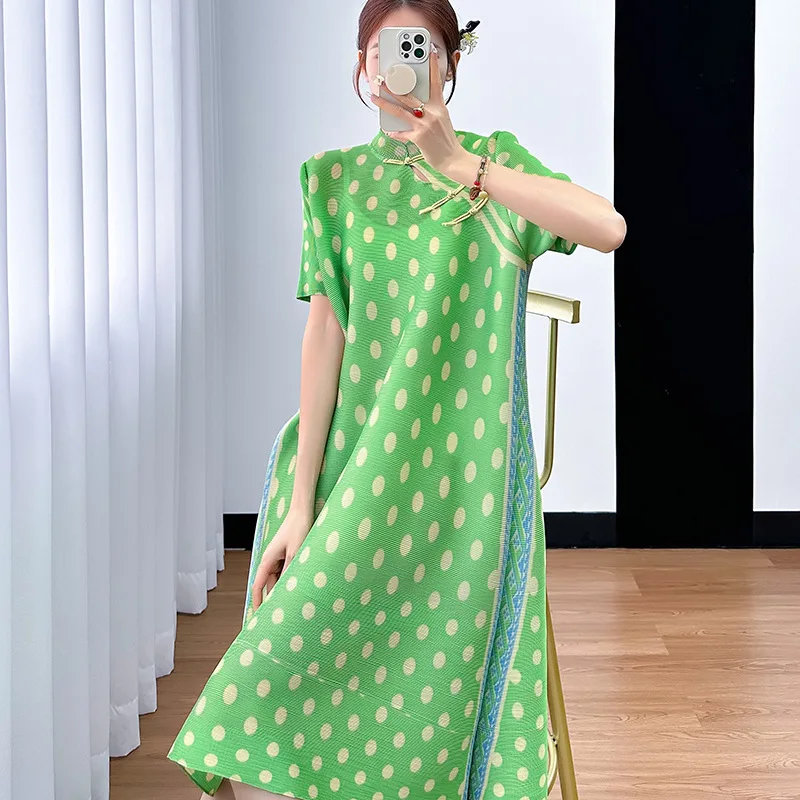 Pleats Pleated Dresses 2024 Summer New Design Polka Dot Print Panels Loose Straight Crotch Covering Dresses for Women Clothing