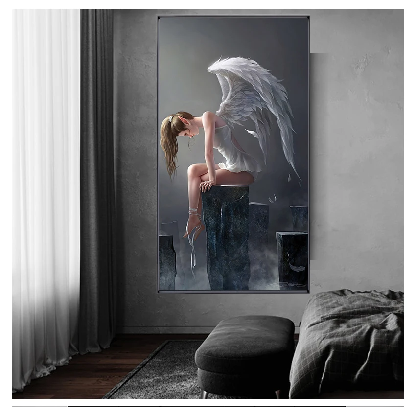 Character Wings Skull Posters and Prints on Canvas Home Decor Painting Living Room Poster Painting Devil and Angel Painting Gray