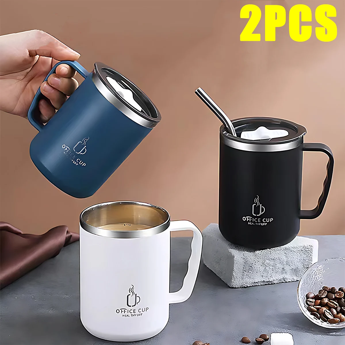 304 Stainless Steel Coffee Cup Mug with Lid Insulated Coffee Mug Double Wall Coffee Tumbler with Handle Heat-resistant Drinkware