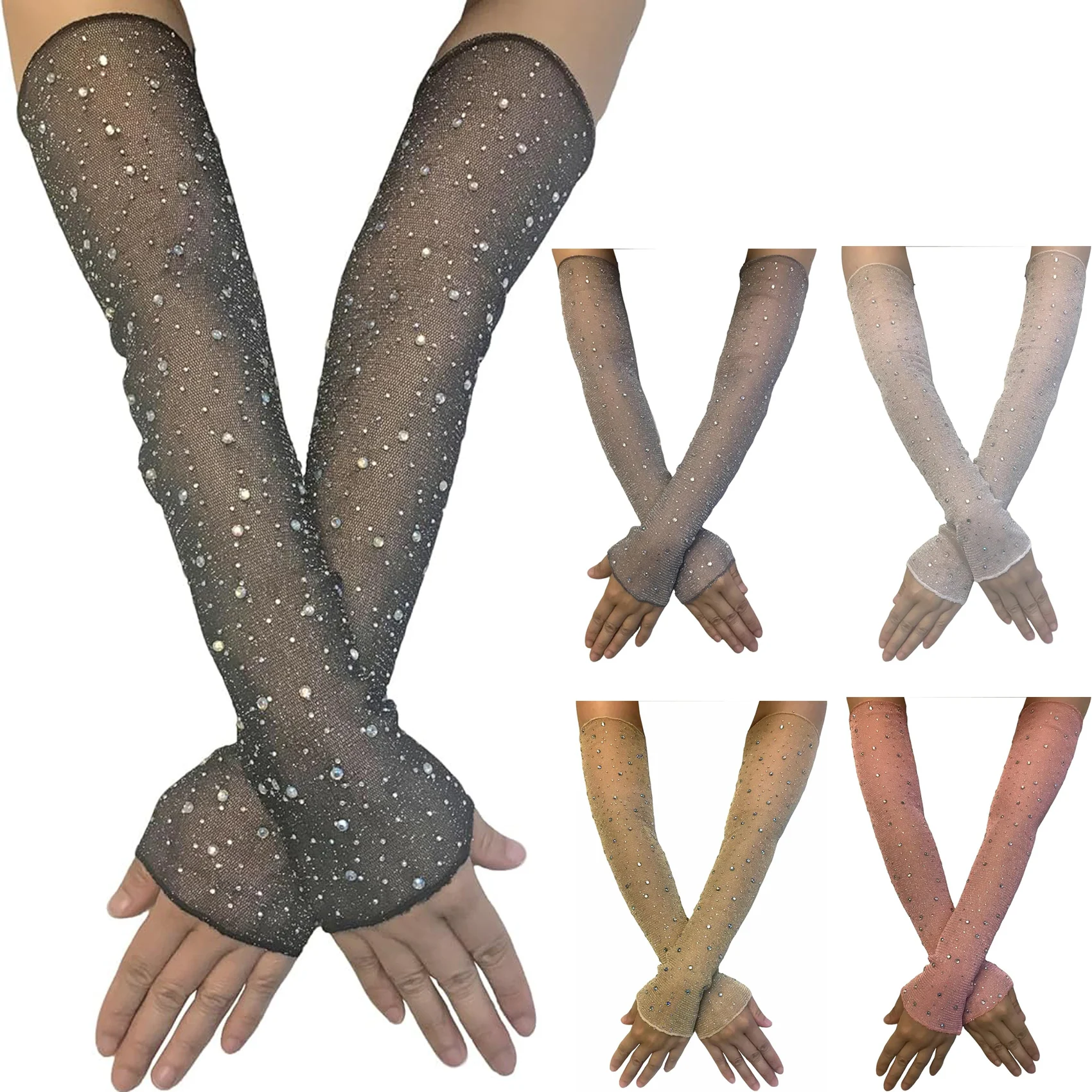 Женские длинные прозрачные перчатки без пальцев со стразами до локтя, сетчатые тюлевые рукава для оперной свадьбы, выпускного вечера