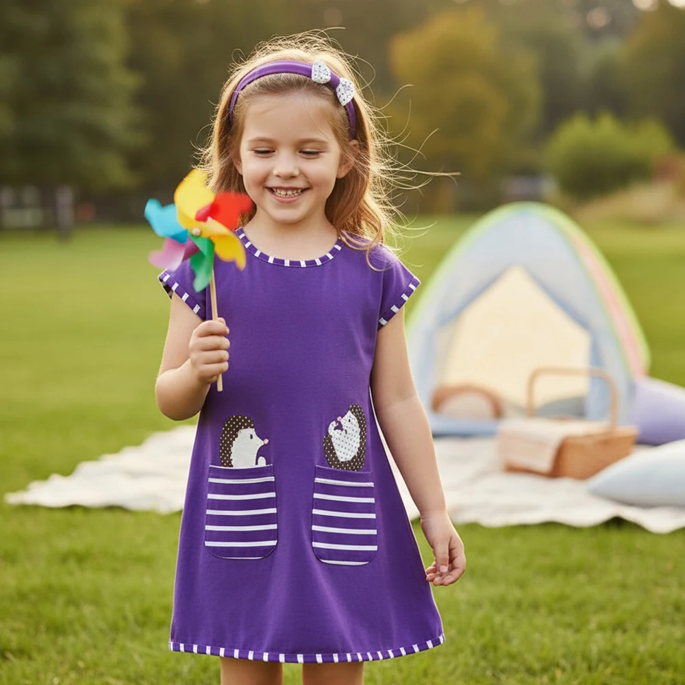 DXTON Children Short Sleeve Dresses Striped Cotton Baby Girls Dress Pocket Squirrel Applique Kids Casual Dress Animal Clothing