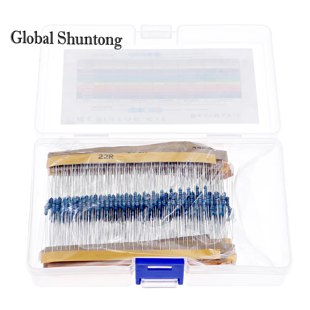 600pcs/Box Metal Film Resistor Kit Assorted Kit 30 Values Metal Film Resistor Resistance 1/4W 1ohm-10Mohm 1% Tolerance boxed