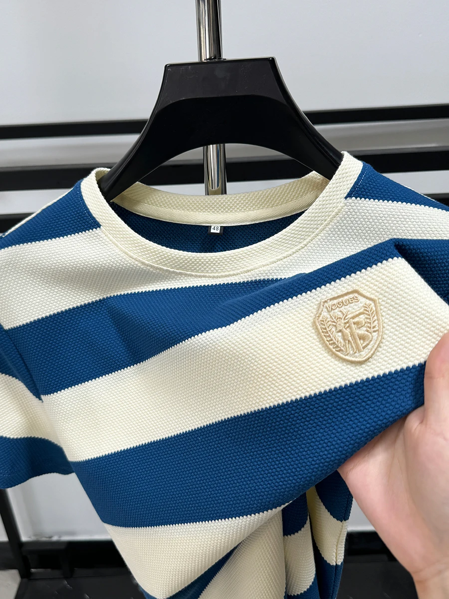 

O-Neck Striped Embroidery Short Sleeve High Quality Design Men's T-Shirt Trend Breathable Half Sleeve Summer Fashion Menswear