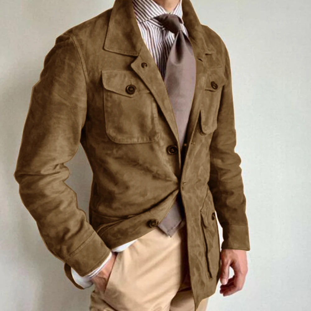 Mens Suede Leather Blazer Single Breasted Blend Fabric Notched Lapel Comfort Breathable Business Casual Jacket For Men Office We