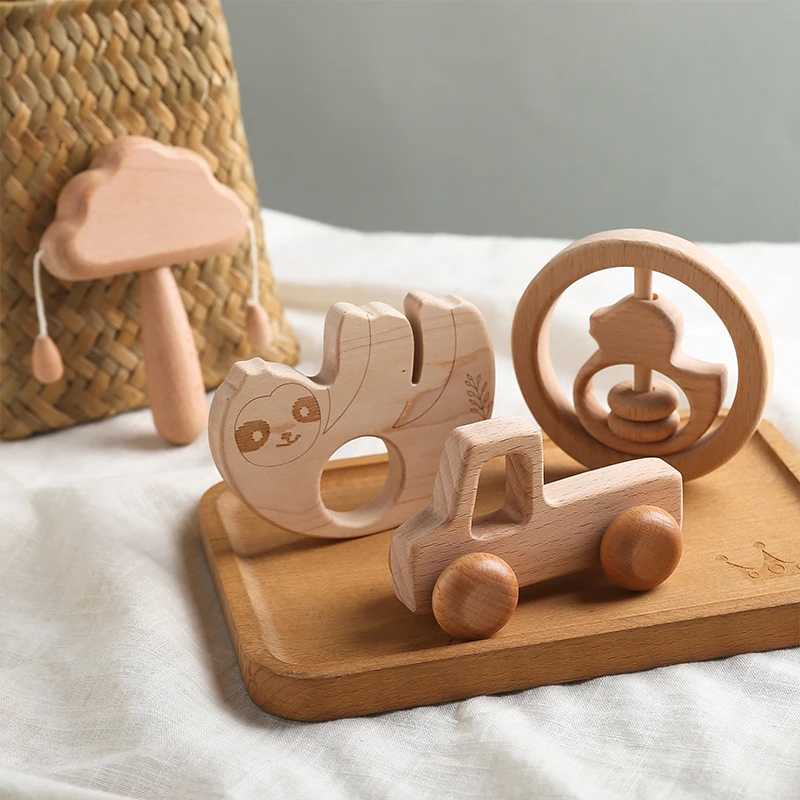 4Pcs Baby Wooden Wooden Rattle Beech Bear Hand TeethingToys Natural Wooden Ring Baby Rattle Montessori Toy Car Newborn Gift