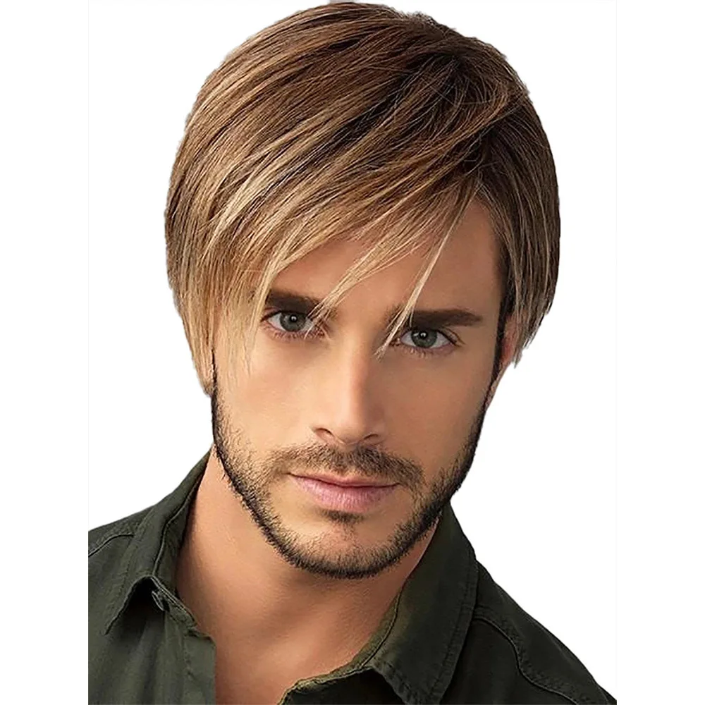 Short Pixie Cut Brown Synthetic Wigs Natural Straight Layered Wig with Fluffy Bangs for Man Daily Heat Resistant Hair Wigs