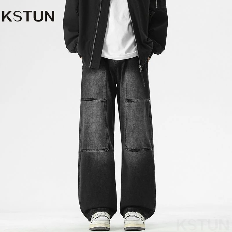

Широкие джинсы, черные мешковатые брюки, мужские, осень 202, американский ретро, уличный необработанный джинс, оверсайз, свободный крой, лоскутная эластичная талия