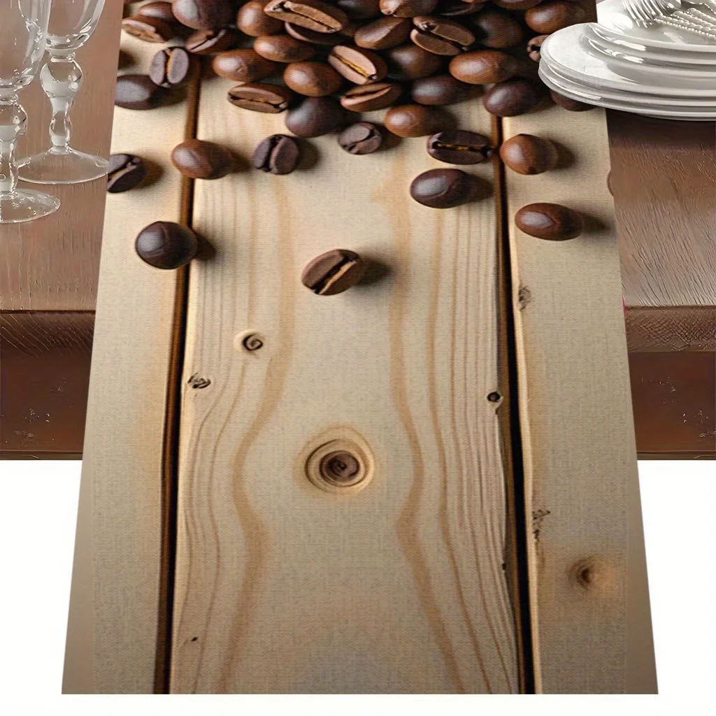 1 Piece of Coffee Bean-Themed Table Runner with Vibrant Pattern Design on a Wooden Surface, Suitable for Farmhouse, Indoor, Kitchen, Celebrations, Table Decoration, Restaurant, and Banquet Decoration Supplies