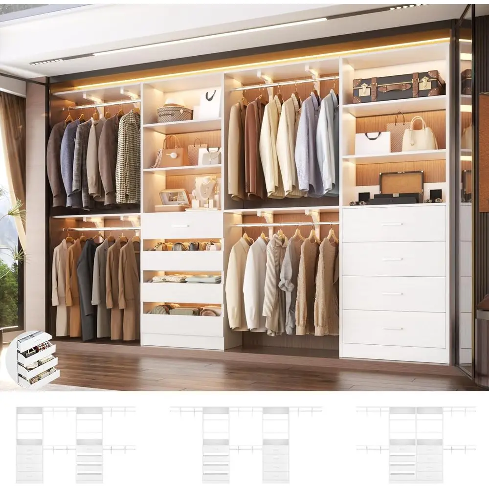 

8-Tier Wooden Closet Organizer System with Tower, 4-Rod Walk-in Wardrobe Rack, White