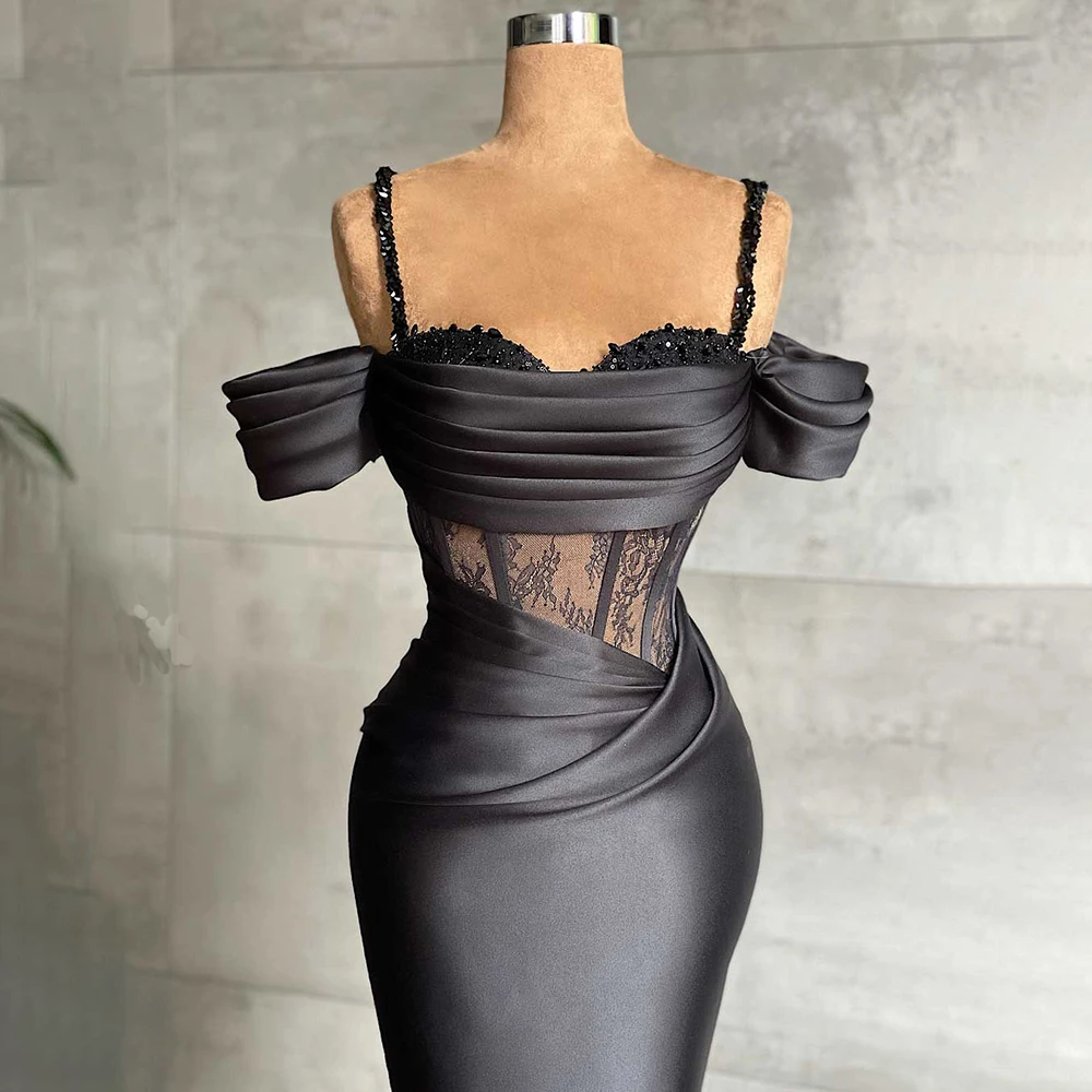 Off Shoulder Black Elegant Evening Dresses Long Satin Beads with Straight African Formal Wedding Party Prom Dresses Customized