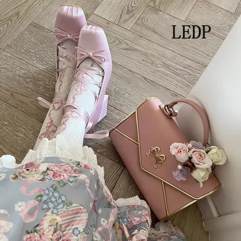LEDP Female Mary Jane Shoes Ballet Flats Satin Ribbon Square High Heels 2024 New French Girl Bow Cross Lace-up 35-41 Bridesmaid
