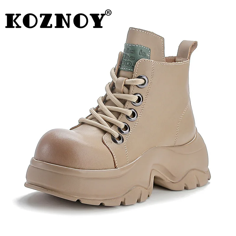 

Koznoy 7cm Retro Women Boots Platform Moccasins Autumn Spring British Cow Natural Genuine Leather Wedge Ankle Vintage ZIP Shoes