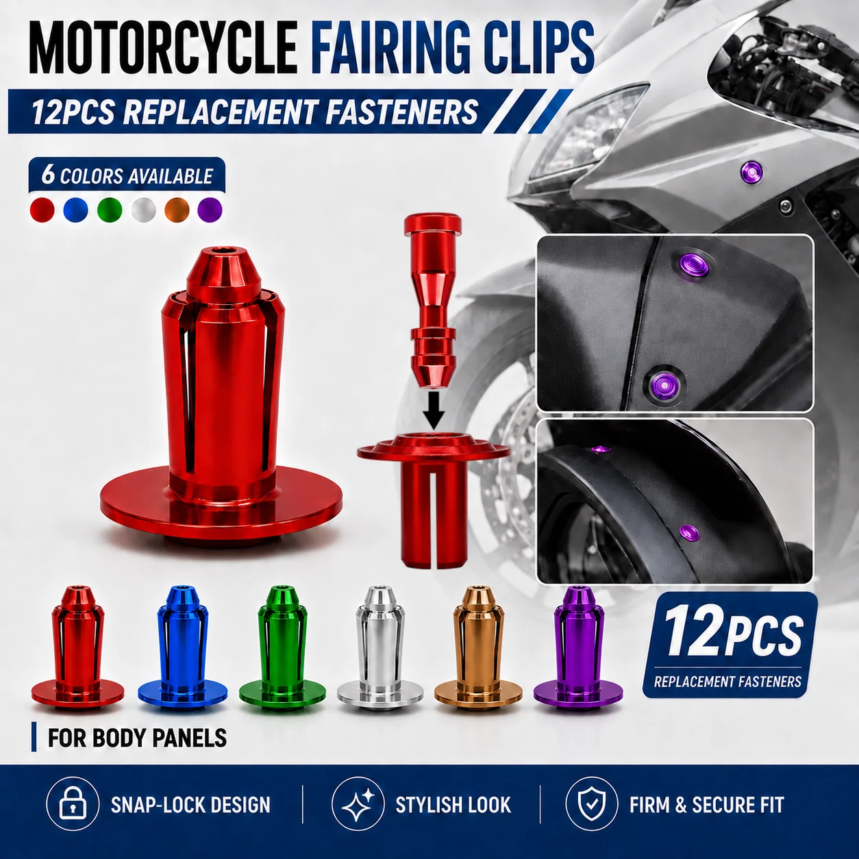 12PCS Universal Motorcycle Fairing Clips Plastic Push Rivets Fasteners Body Panel Trim Clips Replacement Accessories