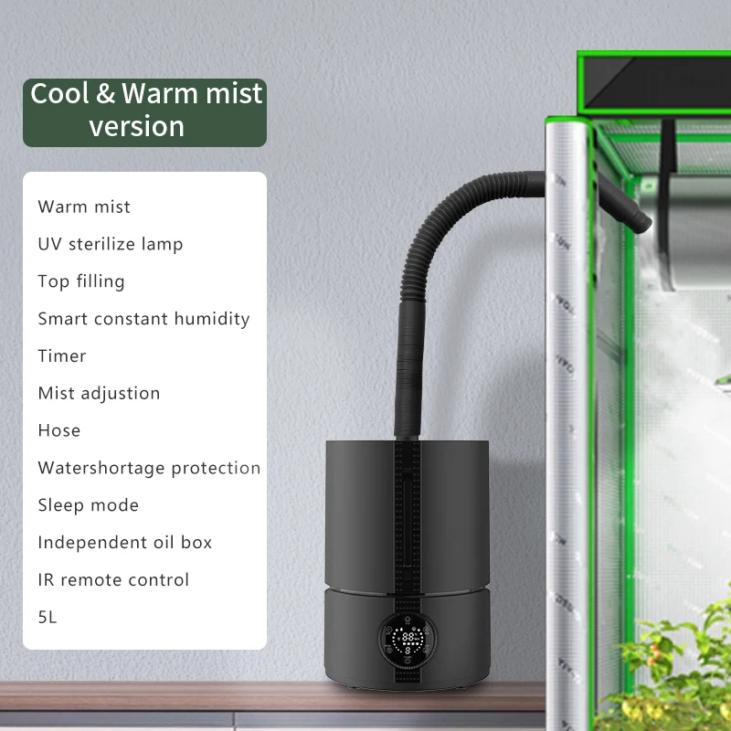 Plant Humidifier Ultrasonic 5L Wet Cool Warm Mist Humidity Control Extendable Hose for Greenhouse Cultivation