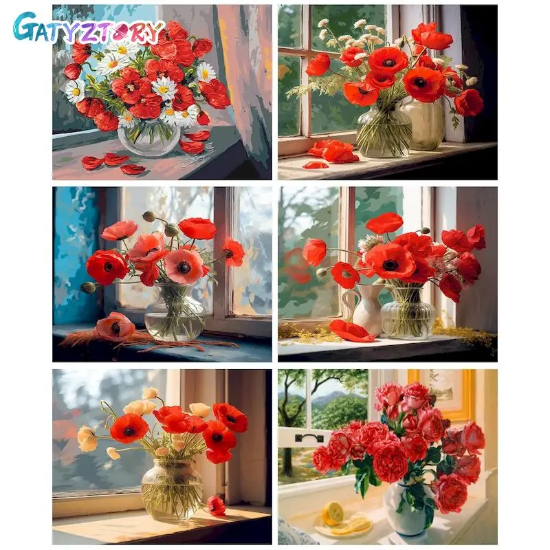 

GATYZTORY Diy Painting By Numbers For Adults Coloring On Numbers windowsill Red flowers Gift Paint Kit Handicrafts Home Decors