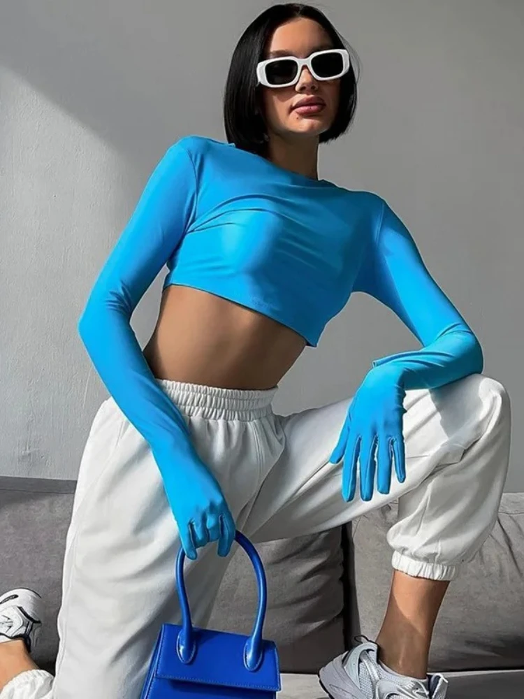 ผู้หญิง SLIM FIT O-คอ Crop Tops แฟชั่น Casual Bodycon Tees สีทึบถุงมือ Splicing เสื้อยืดสําหรับสุภาพสตรีเสื้อผ้า 2025