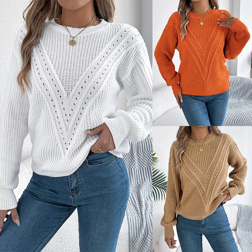 Women Autumn/Winter Casual Solid Orange V-shaped Hollow Lantern Sleeve Head Sweater Round Neck Knitted Streetwear Jumpers Tops