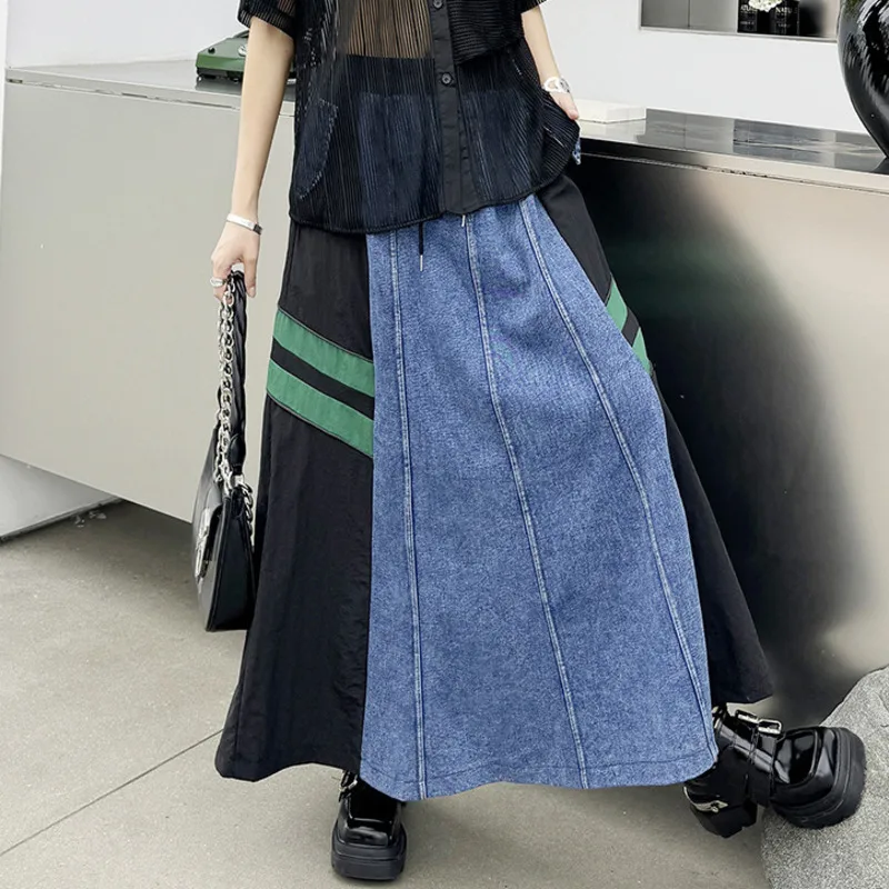 [EWQ] Elastic High Waist Patchwork Contrast Colors Denim Skirt Fashion All-match Women A-line Skirts 2024 Autumn New 16O2215