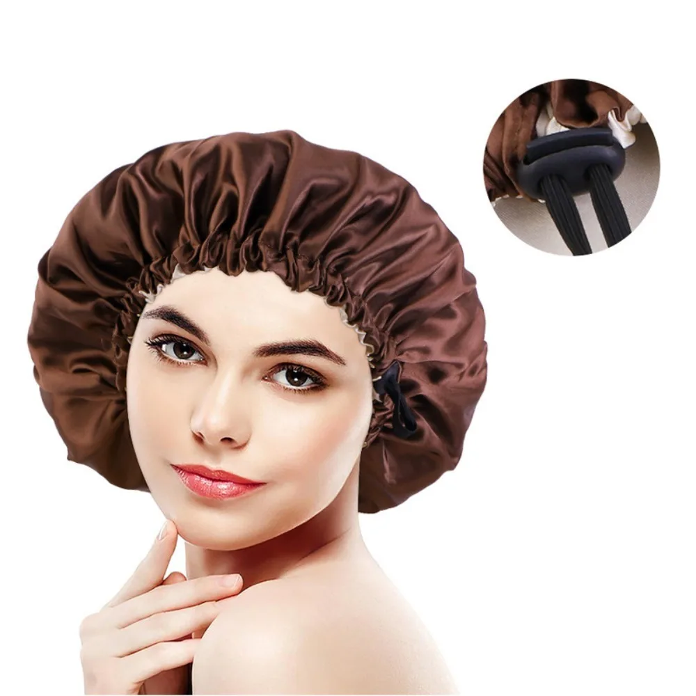 

Double Layer Satin Bonnet Solid Color Ruffle Elastic Hair Bonnet Casual Bath Shower Cap Sleeping Night Bonnets Cap for Women